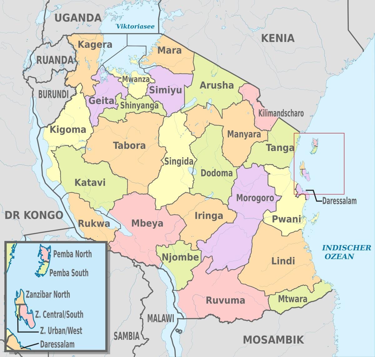 mapa tanzanie ukazuje, krajů a okresů