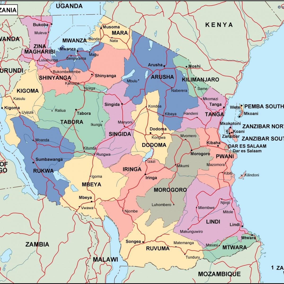 Mapa tanzanie politické