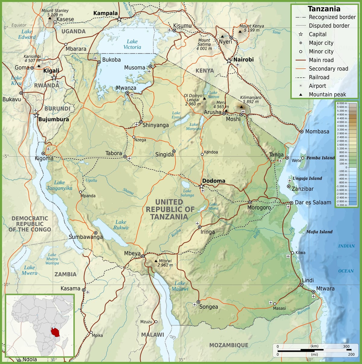 Mapa silniční tanzanie se vzdáleností