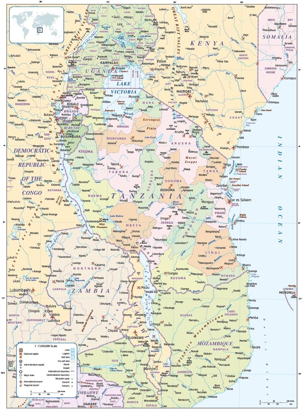 mapa tanzanie a okolních zemí