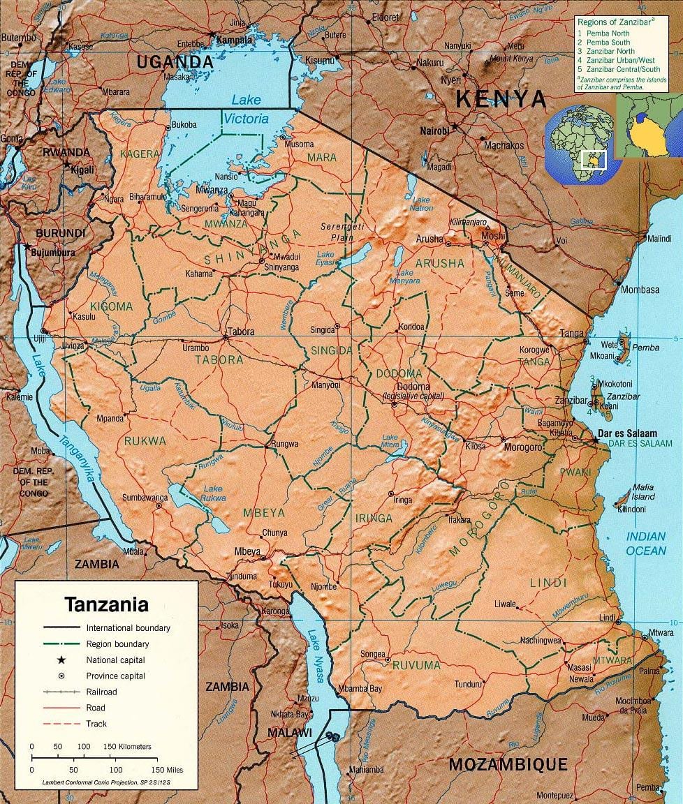 tanzanie zeměpisné mapě