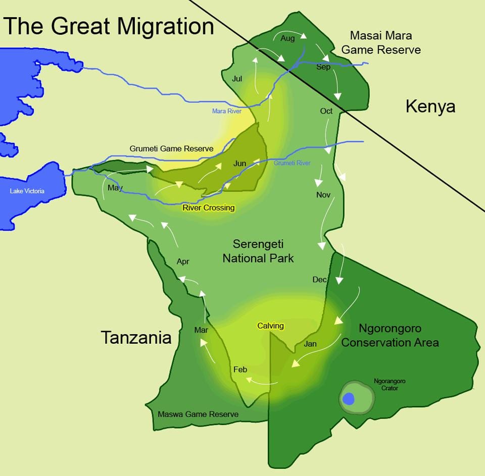 Mapa tanzanie migrace 