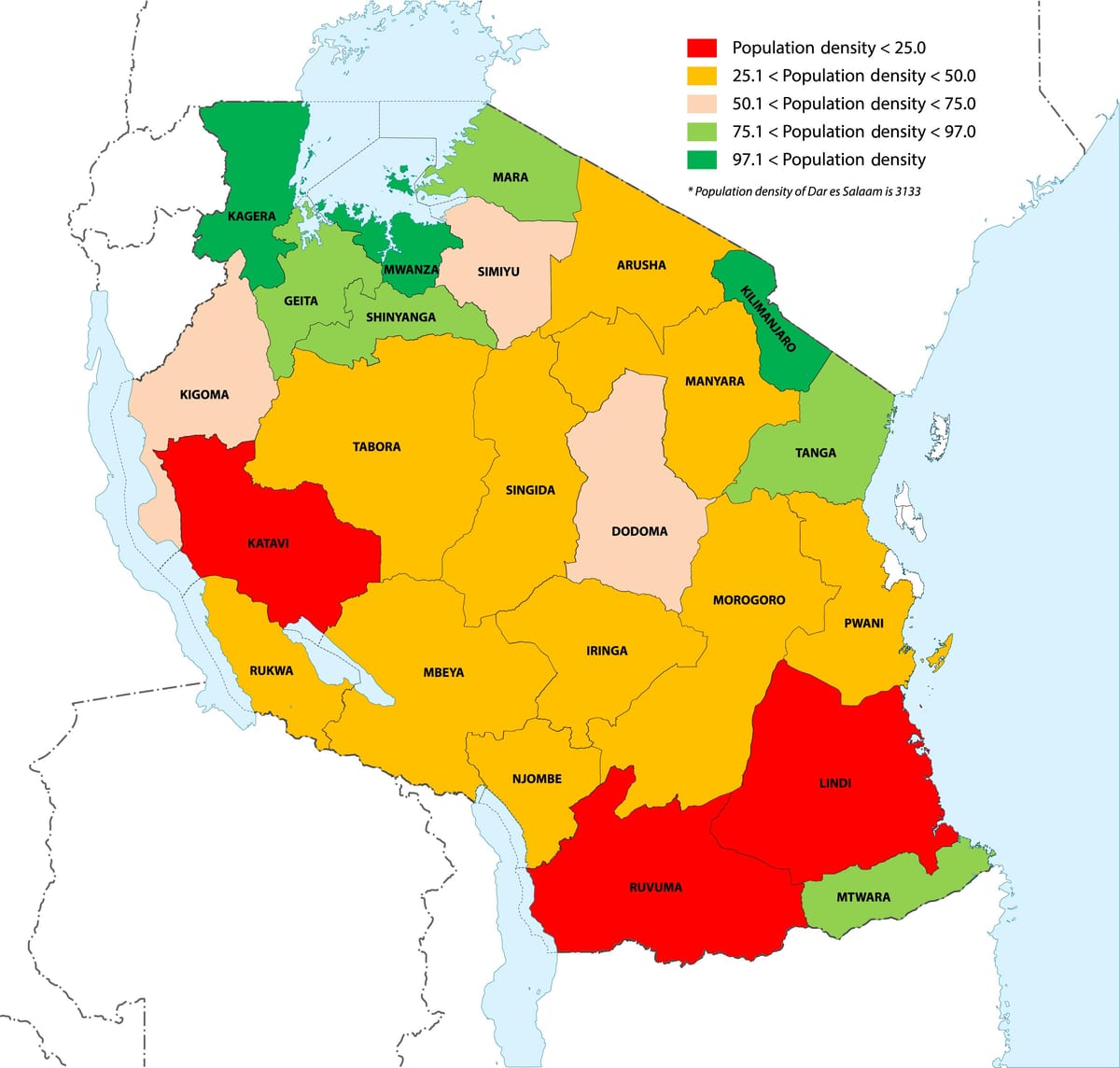 tanzanie hustota obyvatelstva mapě