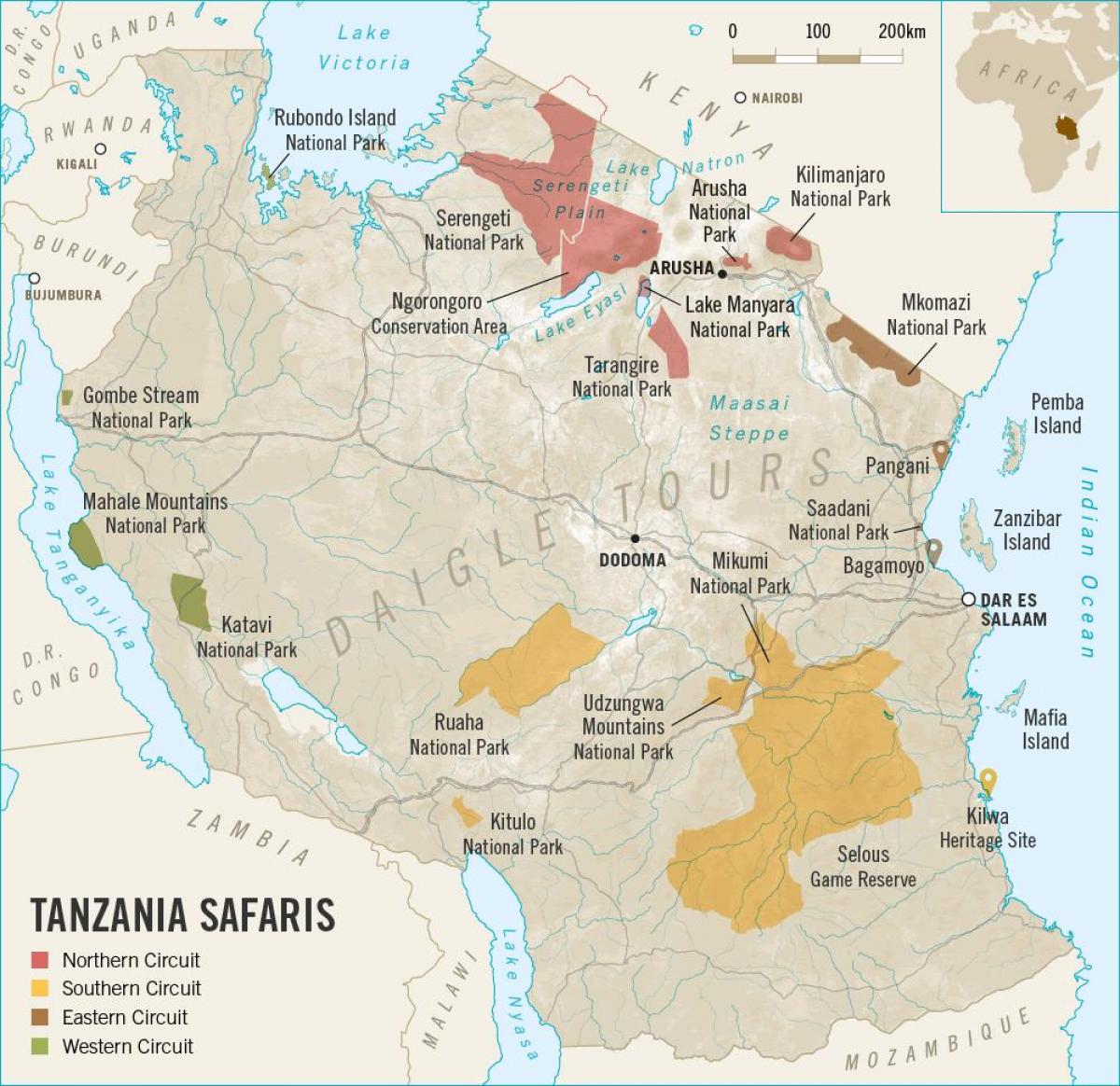 Mapa tanzanie safari 