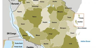 Mapa tanzanie ukazuje regionů