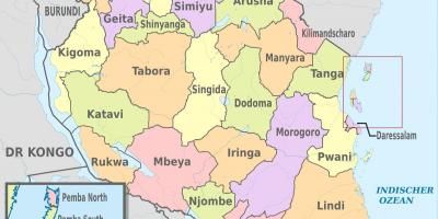 Tanzanie mapa s novými regiony