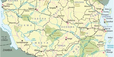 Tanzanie turistických atrakcí mapě